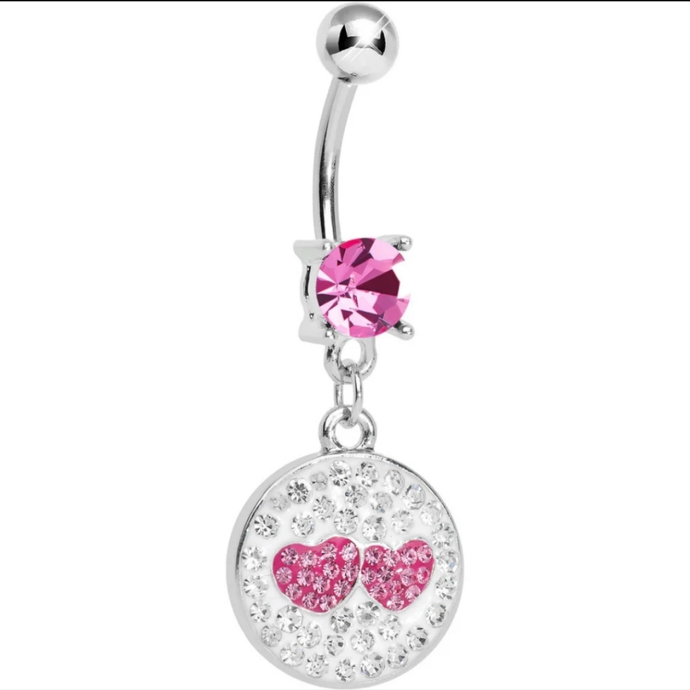 Clear Rhinestone Paved Belly Button Ring, Naval Ring With Pretty Pink Gems (OS)